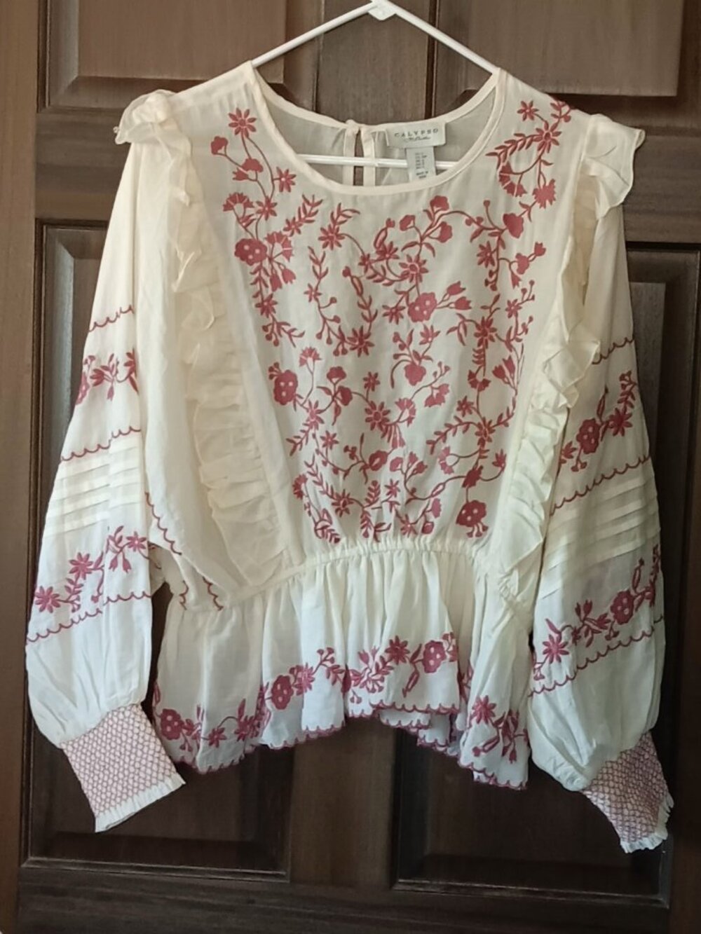 CALYPSO ST. BARTH Cream and Pink Embroidered and Ruffled Peasant Blouse Size S